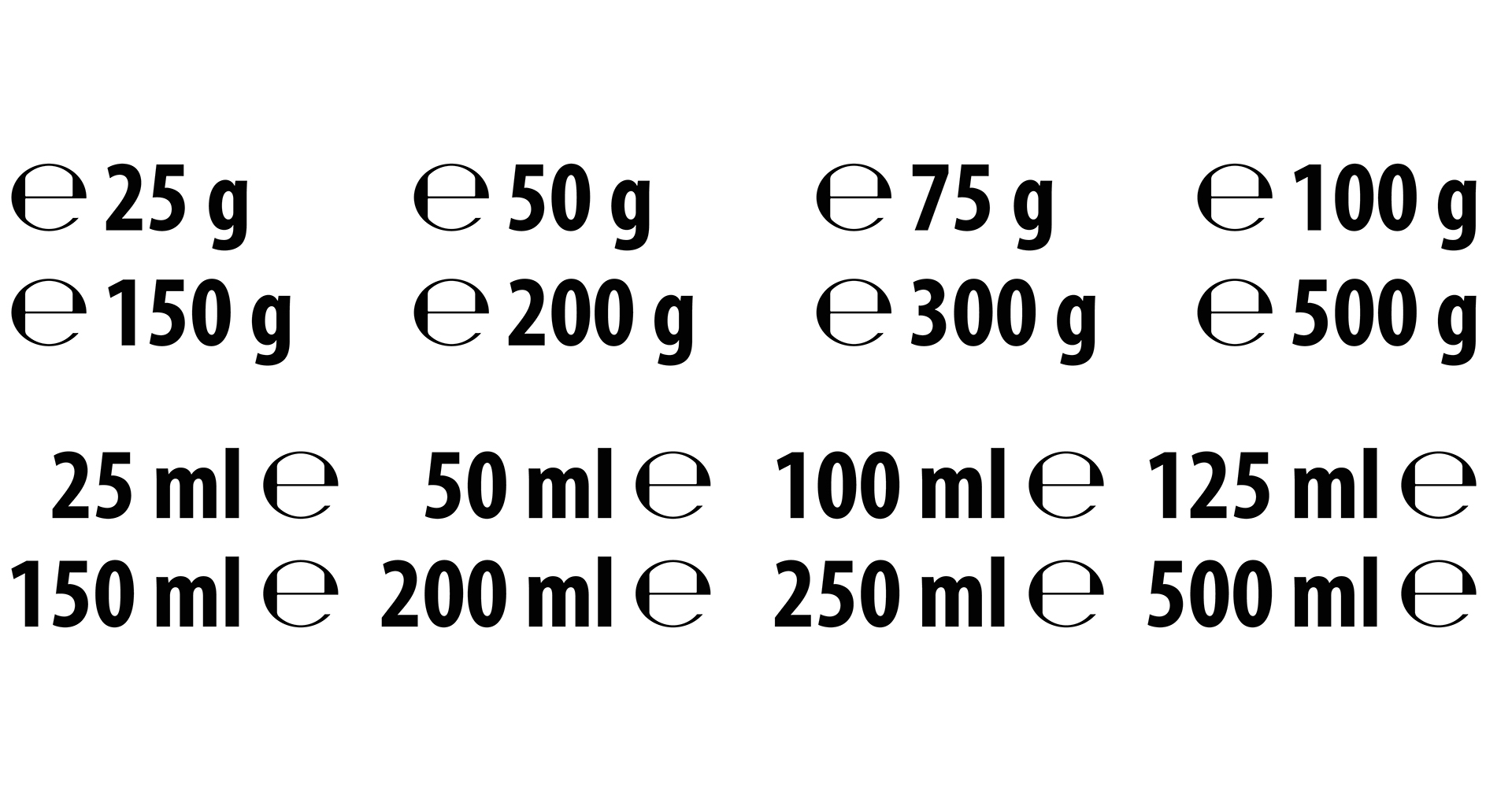 Estimated e sign (e-mark) with correct dimensions as per EU Directive 71/316. Versions with commonly used weights and volumes for food and cosmetics label.