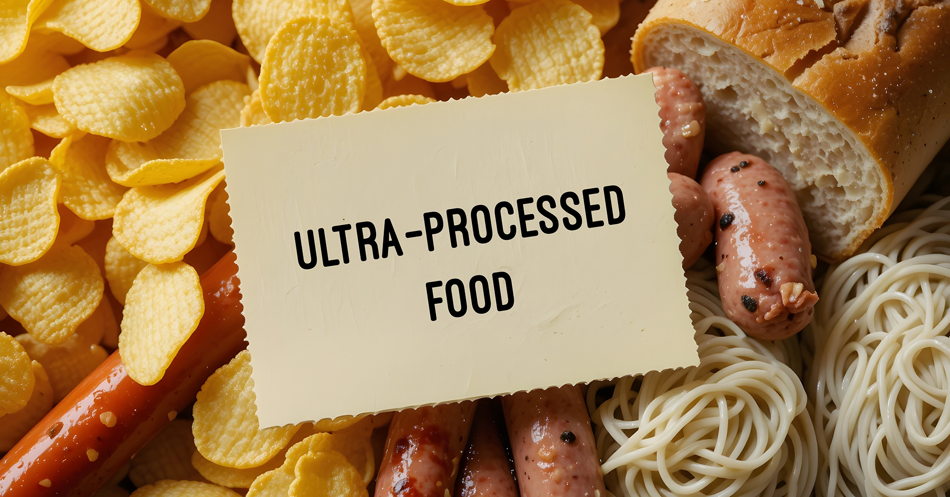 Ultra-Processed food (UPF) Lebensmittel mit Haftnotiz Ultrahochverarbeitete Lebensmittel (UPF) industriell hergestellte Lebensmittel mit hohem Anteil an Zusatzstoffen, Zucker, Salz oder ungesunden Fetten