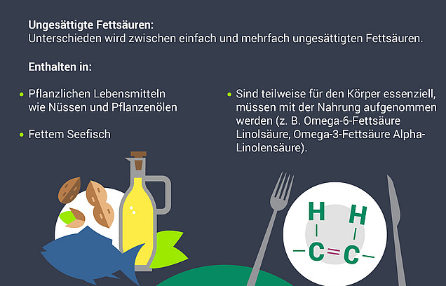 Eine Infografik zeigt welche Arten von Fett es gibt und was diese für Lebensmittel bedeuten.