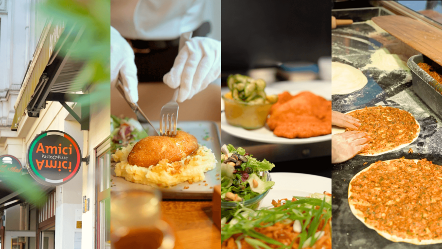 Kollage aus Hochkantfotos von vier verschiedenen Restaurants