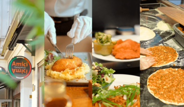 Kollage aus Hochkantfotos von vier verschiedenen Restaurants