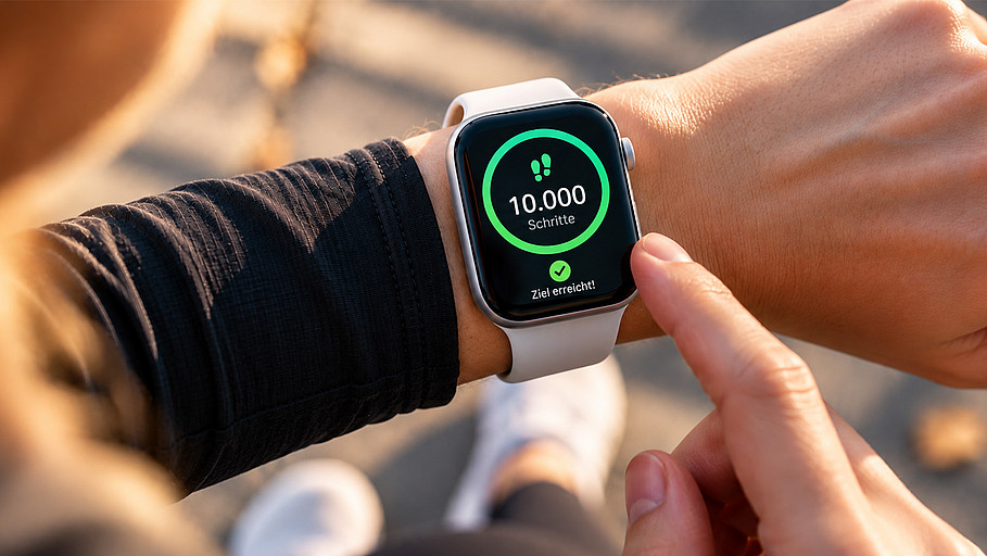 Nahaufnahme einer Smartwatch am Handgelenk, die 10.000 Schritte und das Erreichen des Tagesziels anzeigt.