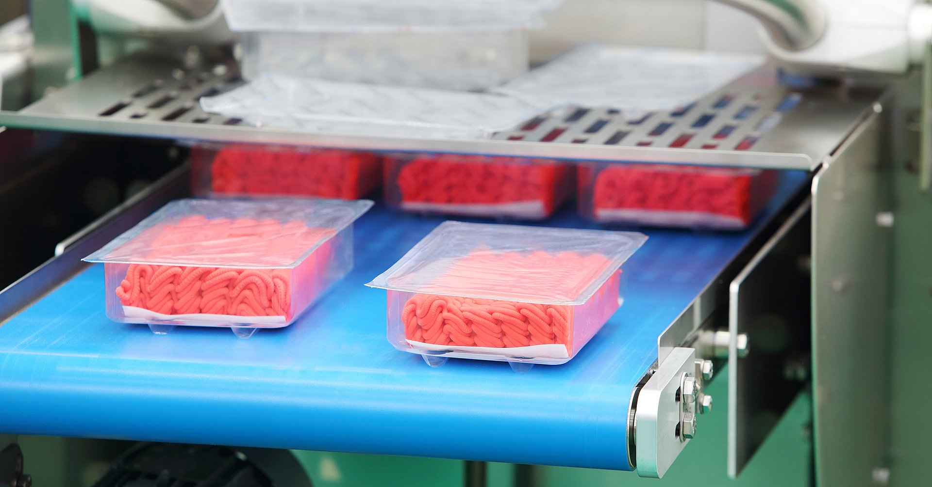 Hackfleisch in Verpackungen auf einem Fließband