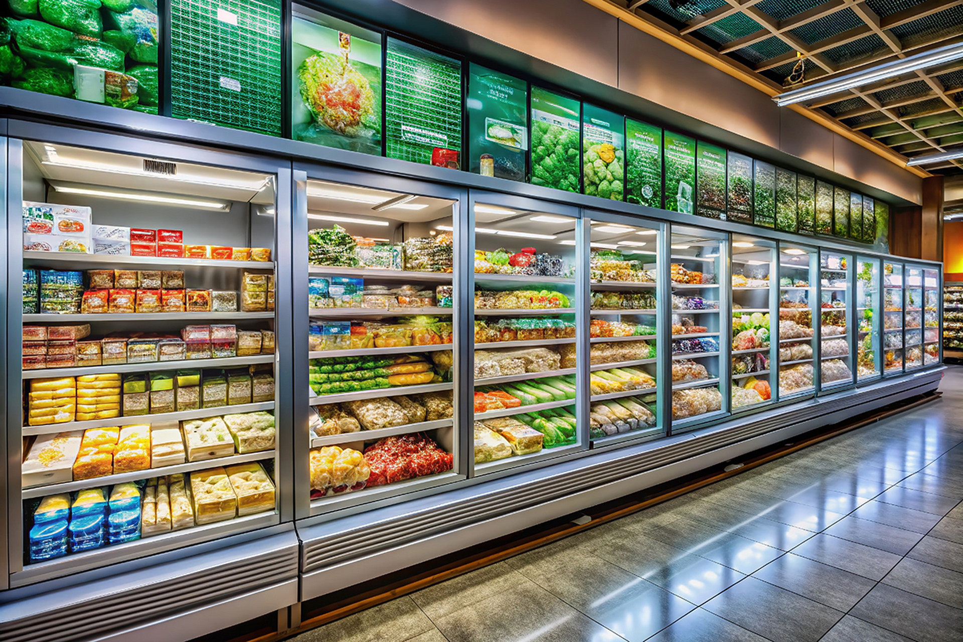 Auswahl an Tiefkühl- und Fertiggerichten im Supermarkt Eine Auswahl an Tiefkühl- und Fertiggerichten in einer Supermarkt-Tiefkühlabteilung.