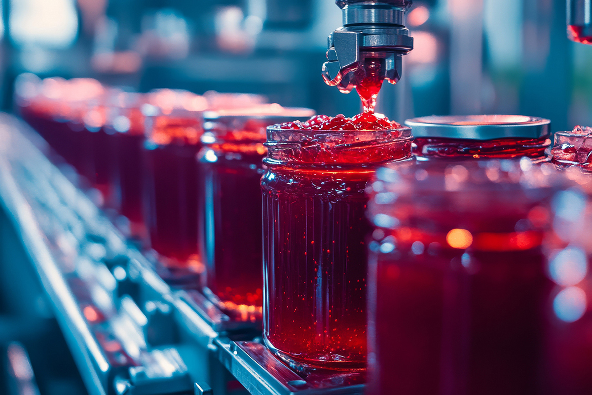 Herstellung von Marmelade Rote Marmelade wird in Gläser abgefüllt, die auf einem Fließband stehen.