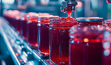 Rote Marmelade wird in Gläser abgefüllt, die auf einem Fließband stehen.