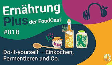 Titelgrafik des Podcasts "ErnährungPlus - Der FoodCast" für die Folge 18 zu Einkochen, Fermentieren und Co