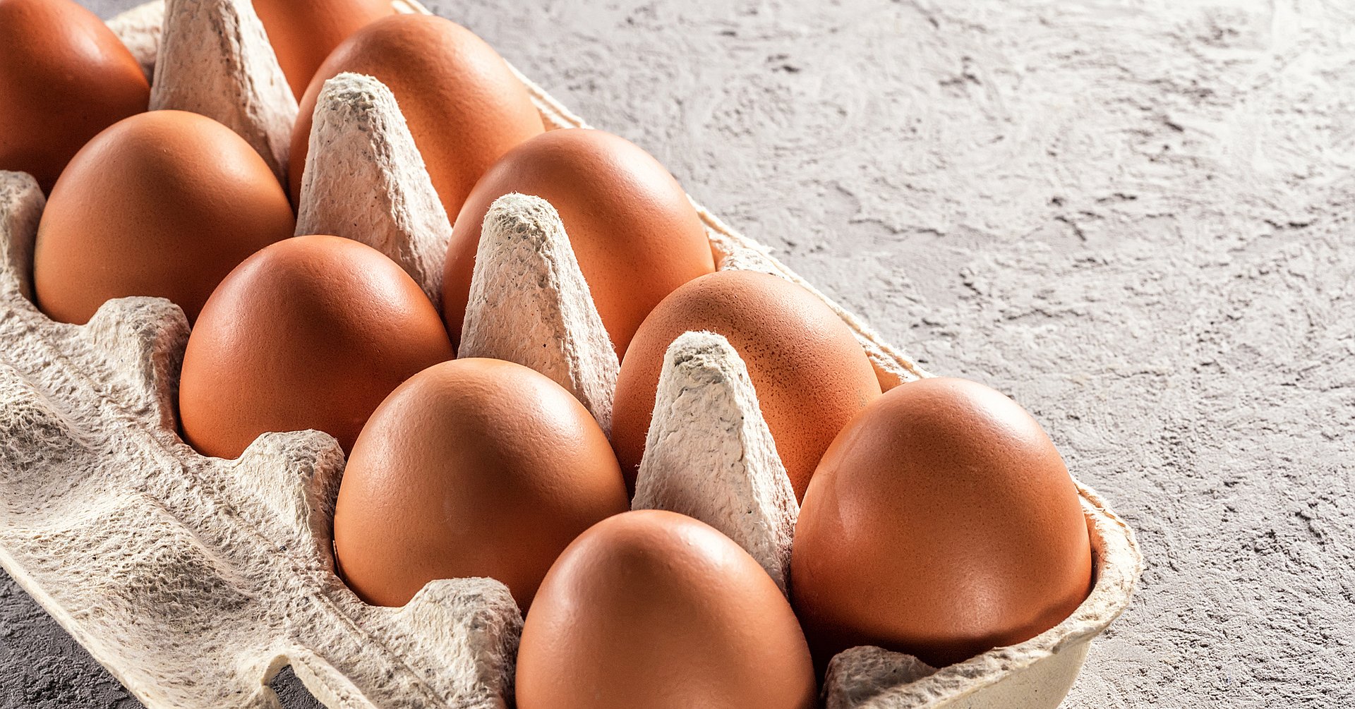 Farm raw fresh egg in pack on gray table scrambled eggs omelet fried egg Eine Packung mit 10 Eiern als Symbolbild