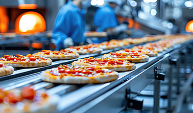 Förderband in einer Produktionslinie mit fertig gebackenen Pizzen, die für die Verpackung und Verteilung transportiert werden.
