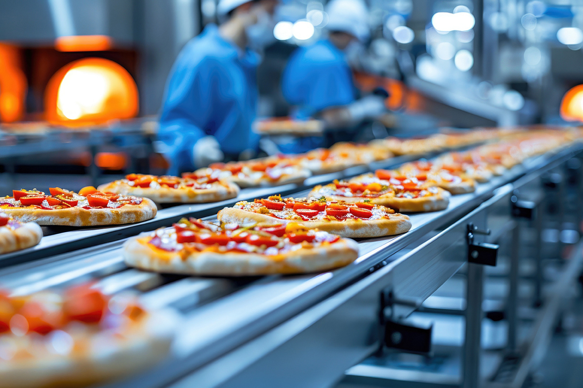 Förderband mit fertig gebackenen Pizzen Förderband in einer Produktionslinie mit fertig gebackenen Pizzen, die für die Verpackung und Verteilung transportiert werden.