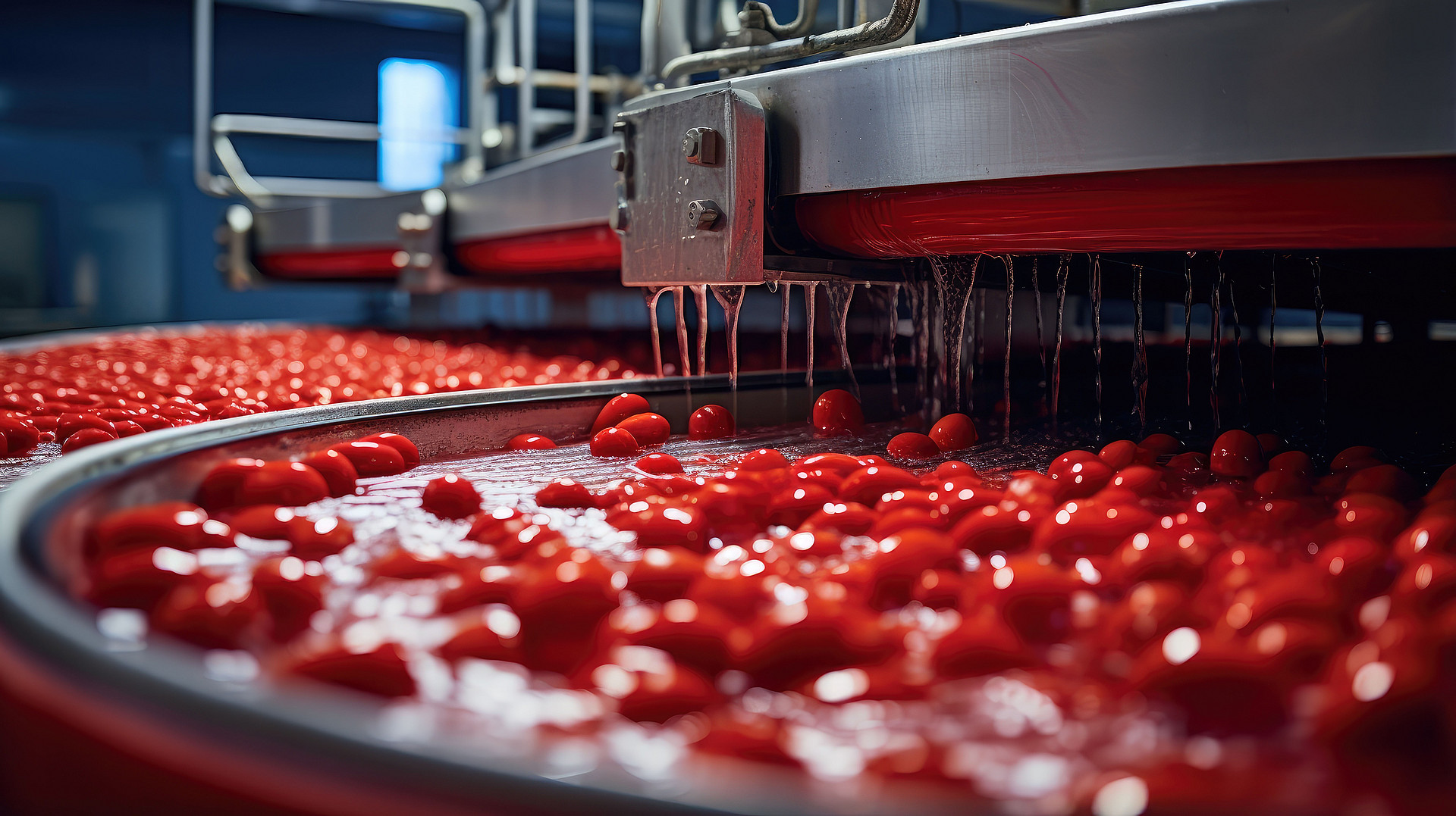 Tomaten, die in einer großen Maschine gewaschen werden, bevor sie zu Tomatenmark verarbeitet werden.