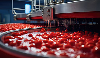 Tomaten, die in einer großen Maschine gewaschen werden, bevor sie zu Tomatenmark verarbeitet werden.