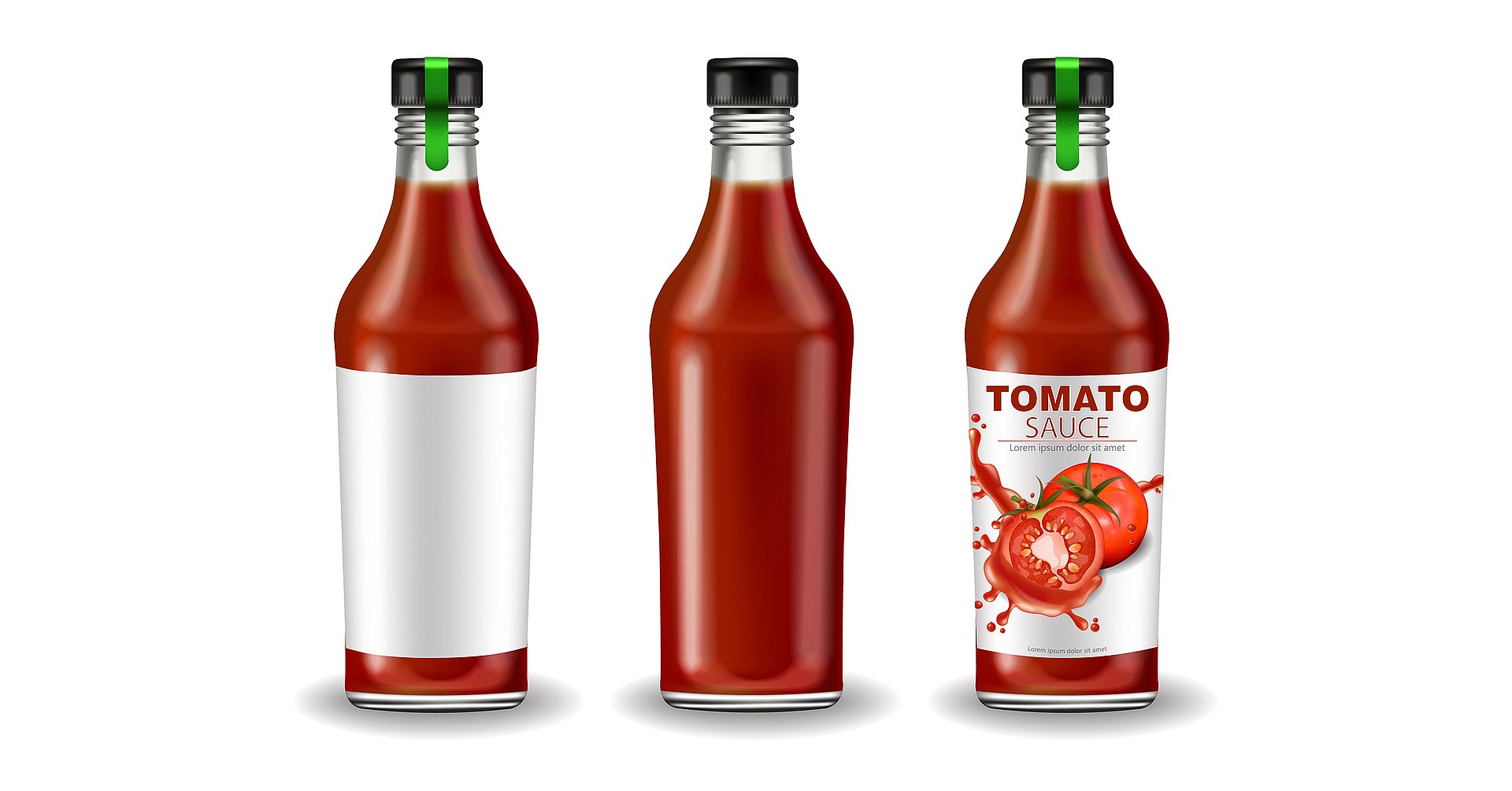 Ketchup bottle set vector realistic mock up. Product placement. Label design. Detailed banner 3d illustrations