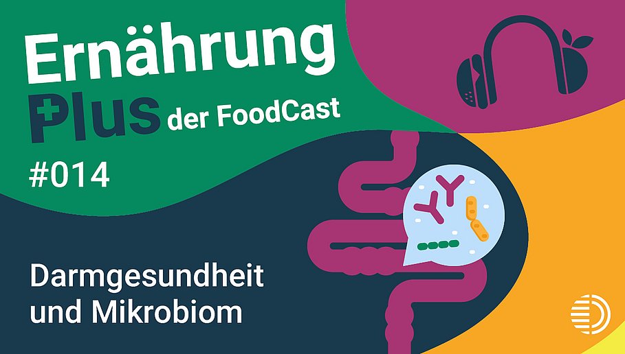 Titelgrafik des Podcasts "ErnährungPlus - Der FoodCast" für die Folge 14 zu Darmgesundheit und Mikrobiom