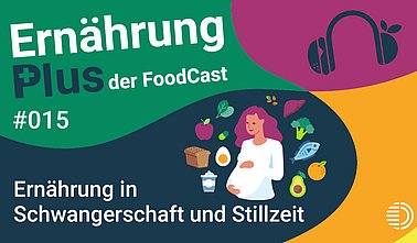 Titelgrafik des Podcasts "ErnährungPlus - Der FoodCast" für die Folge 15 zu Ernährung in Schwangerschaft und Stillzeit
