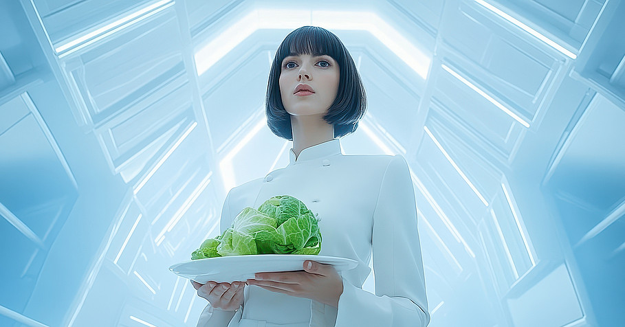 Eine Frau in einem weißen Laborkittel präsentiert einen Teller mit Salat in einer futuristischen Umgebung.