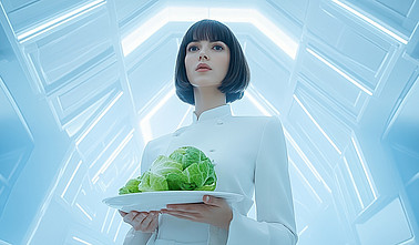 Eine Frau in einem weißen Laborkittel präsentiert einen Teller mit Salat in einer futuristischen Umgebung.