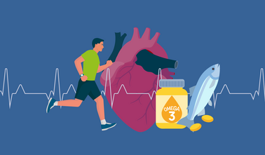 Die Illustration zeigt ein Herz, einen Mann der joggt und Fischöl bzw Fische