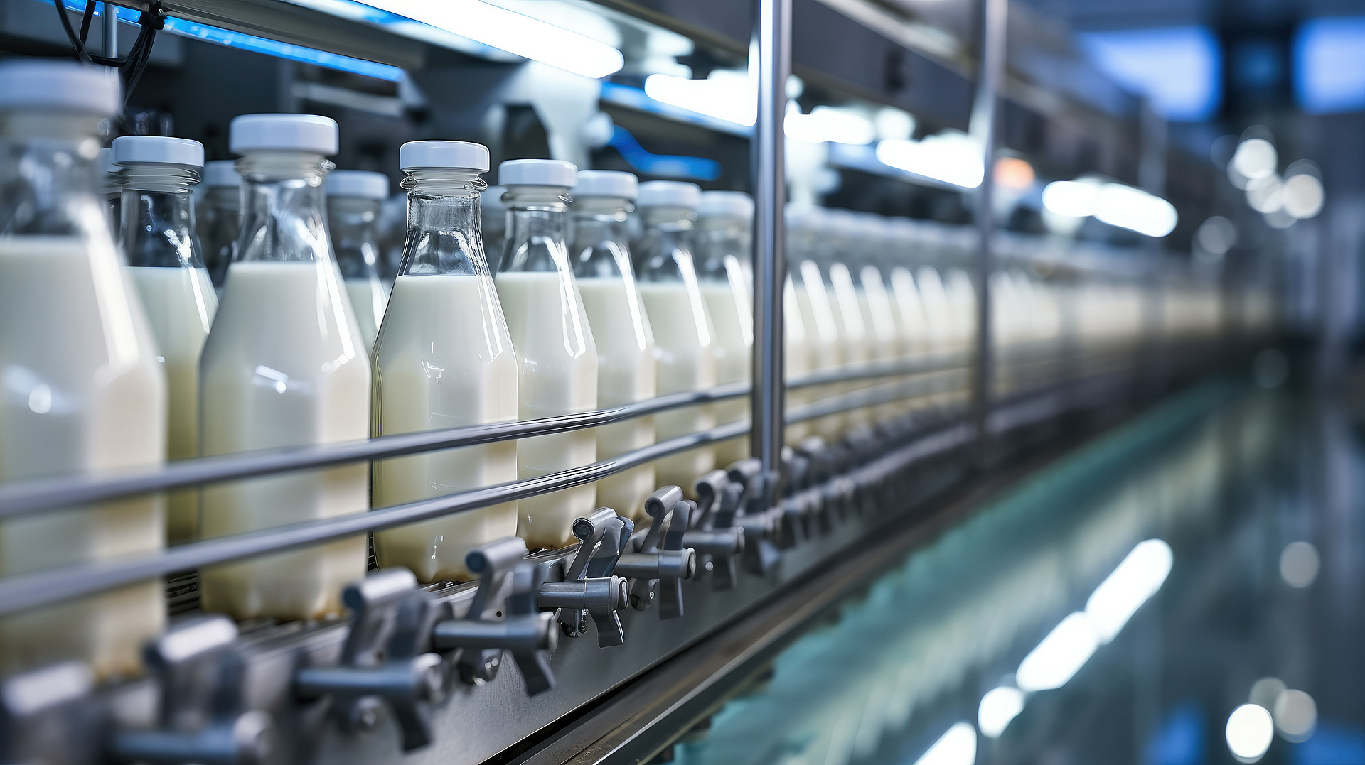 Abfüllen von Milch oder Joghurt in Plastikflaschen auf einem Fließband in einer Fabrik, Konzept mit automatisierter Lebensmittelproduktion.
