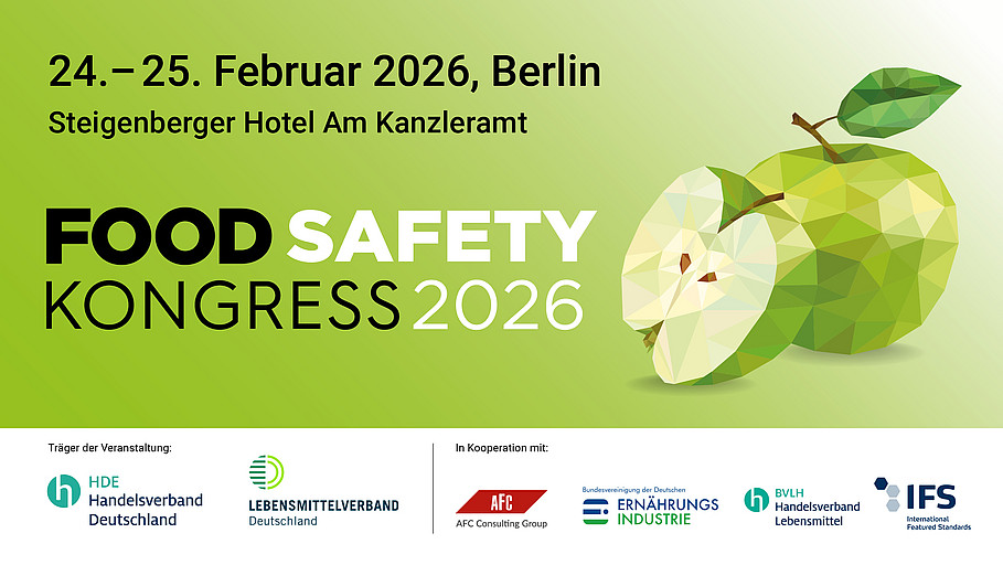 Ankündigungsgrafik für den Food Safety Kongress 2026 mit Datumsangabe und Location