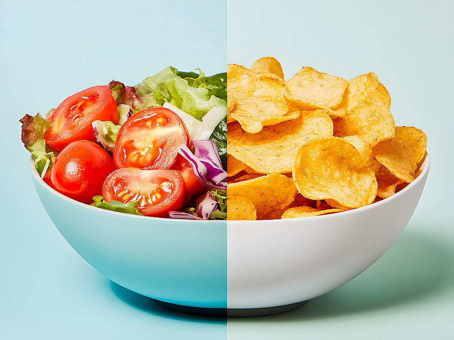 Geteilte Schale links mit frischem Salat und rechts mit Kartoffelchips auf pastellfarbenem Hintergrund. Vergleich von gesundem Essen und Junk Food.