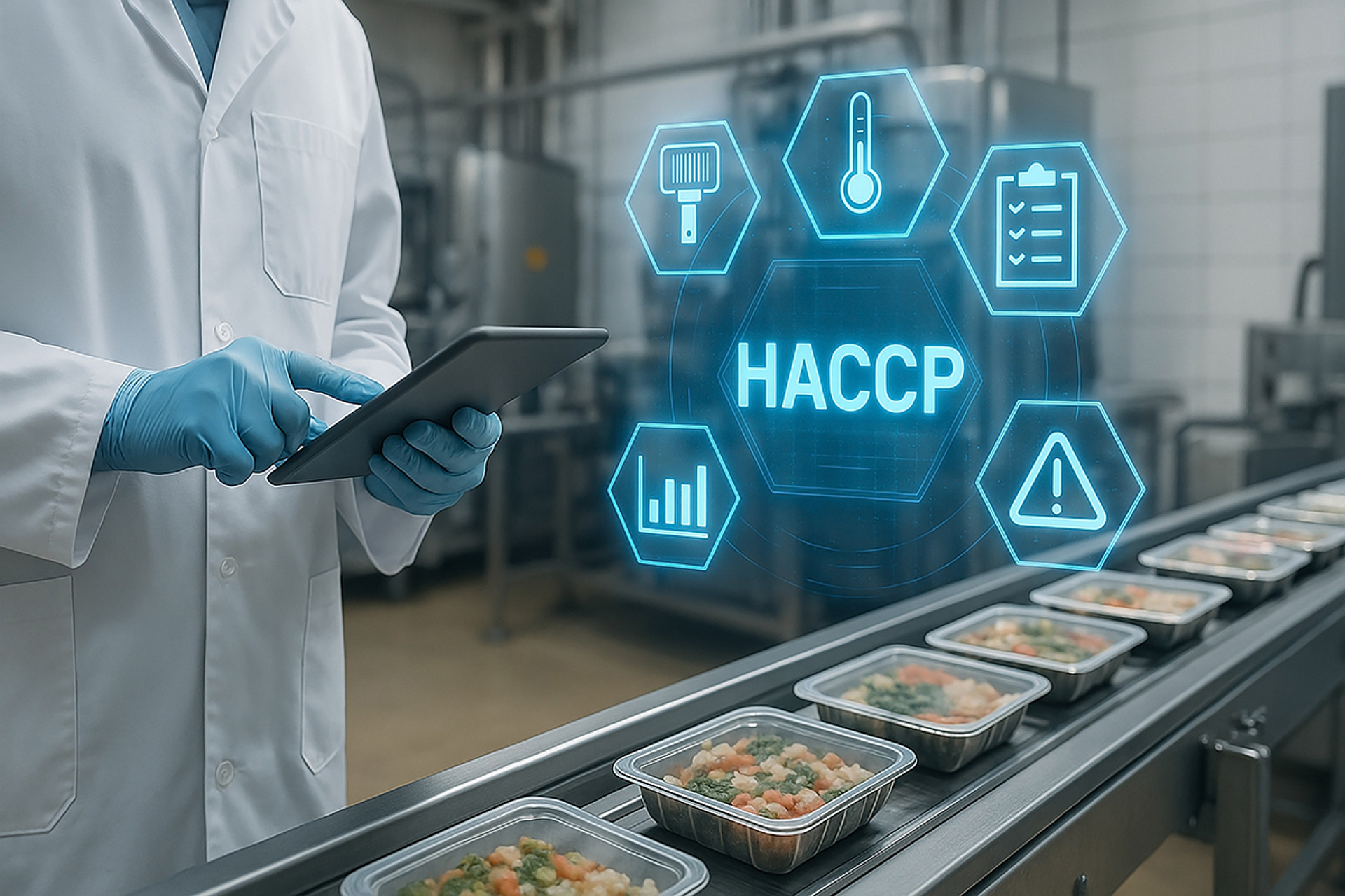 Überwachung einer Lebensmittelproduktionslinie durch einen HACCP-Experten Überwachung der Lebensmittelproduktionslinie durch einen HACCP-Experten mit Hilfe eines digitalen Tablets für Qualitäts- und Sicherheitskontrollen in einem industriellen Lebensmittelverarbeitungsbetrieb