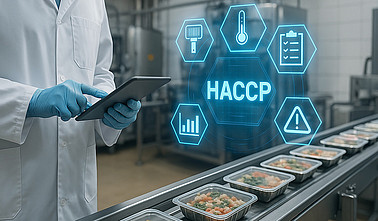 Überwachung der Lebensmittelproduktionslinie durch einen HACCP-Experten mit Hilfe eines digitalen Tablets für Qualitäts- und Sicherheitskontrollen in einem industriellen Lebensmittelverarbeitungsbetrieb