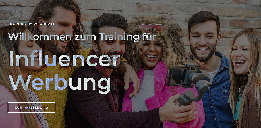 Screenshot der Website vom Werberat für das Training für Influencer Werbung - im Hintergrund werden junge, hippe Menschen gezeigt