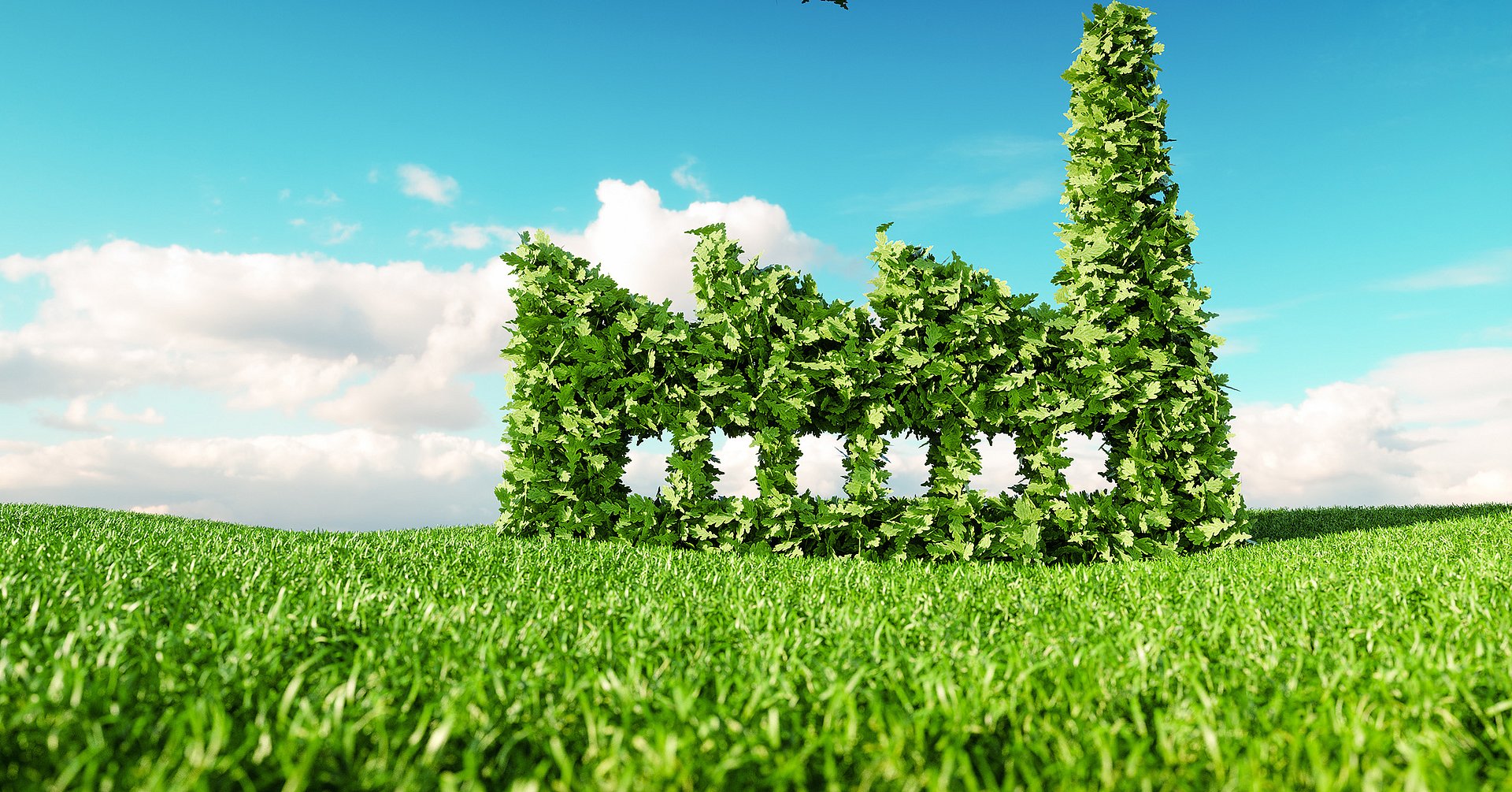 Eco friendly industry concept. 3d rendering of green factory icon on fresh spring meadow with blue sky in background. Eco friendly industry concept. 3d rendering of green factory icon on fresh spring meadow with blue sky in background.