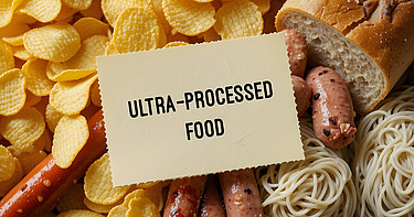 Lebensmittel mit Haftnotiz Ultrahochverarbeitete Lebensmittel (UPF) industriell hergestellte Lebensmittel mit hohem Anteil an Zusatzstoffen, Zucker, Salz oder ungesunden Fetten